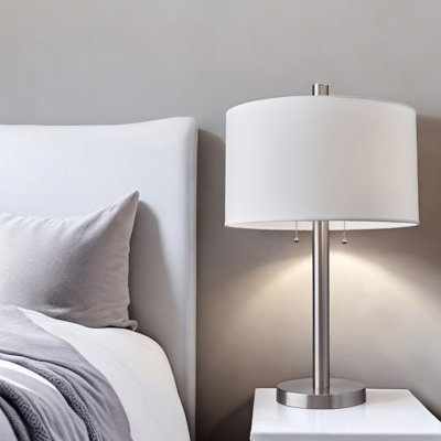 Jaxony 28" Silver Metal Two Light Bedside Table Lamp With White Drum Shade