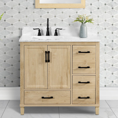 Meuble-lavabo simple 36 po avec plateau en quartz blanc Carrara Hardin, pré-assemblé
