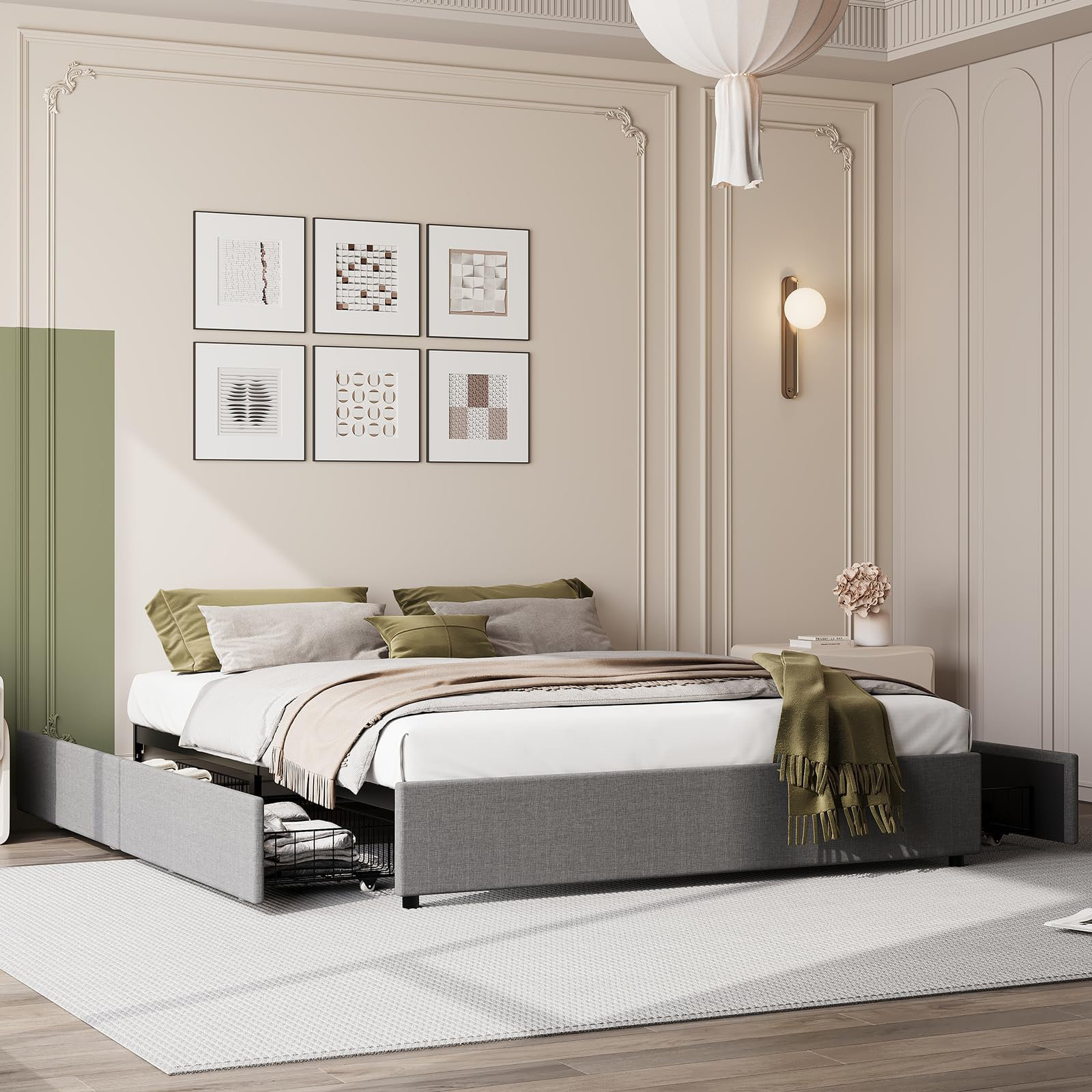 Ebern Designs Platform Bed Frame, Fabric Upholstered with 4 Storage ...