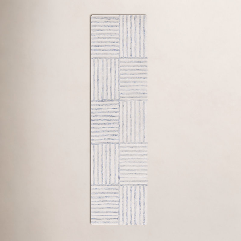 Tapis rayé bleu / ivoire en laine touffetée à la main Asgari, Tapis de couloir 2 pi 3 po x 9 pi