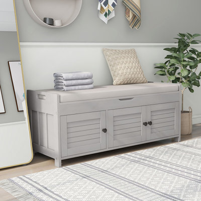 Banc de rangement avec 3 portes en forme de volet, banc à chaussures avec coussin amovible et rangement caché