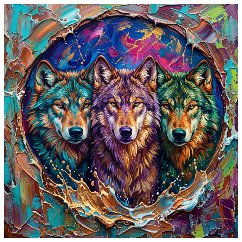Trois loups peignant des housses de couette, Queen