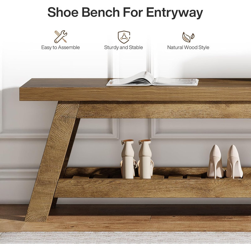 55" Wood Entryway Bench with Shoe Storage, Large 2-Tier Narrow Hallway Foyer Seating Bench