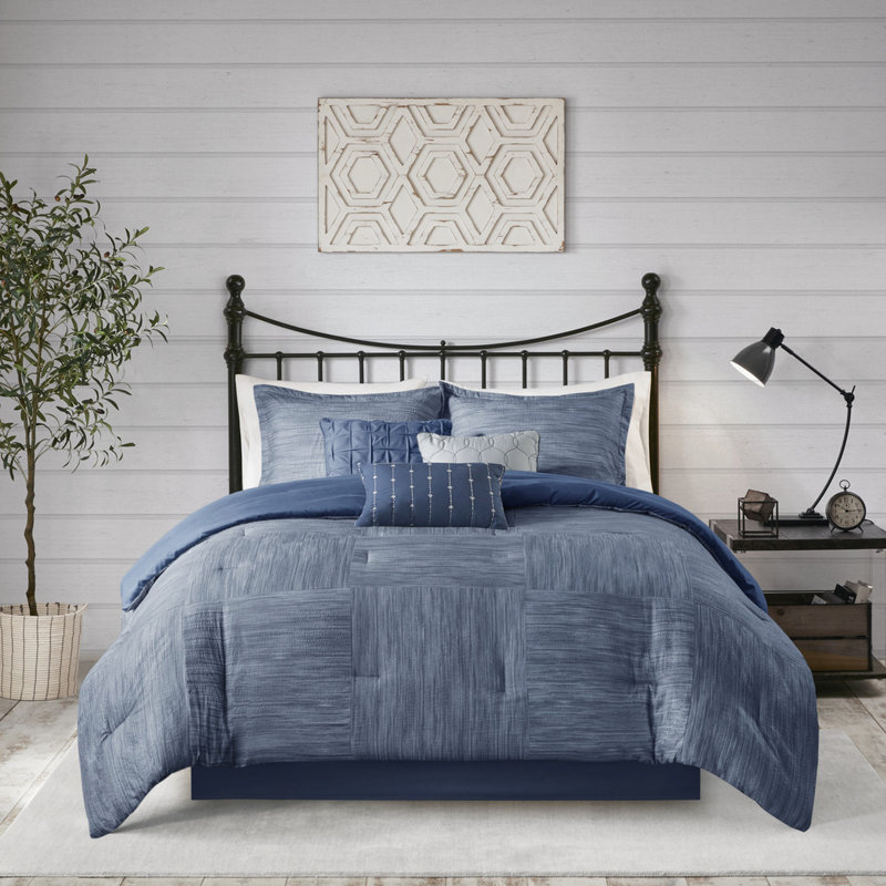 Édredon bleu marine 7 pièces avec coussins décoratifs en seersucker