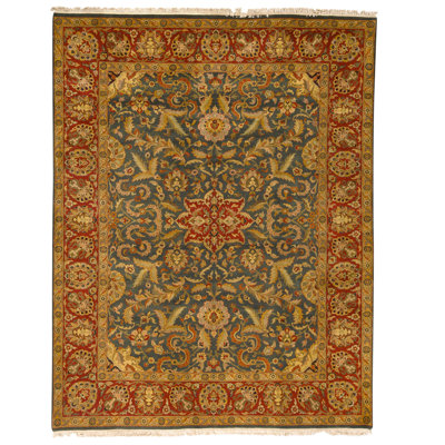 Hand Knotted Wool Oriental Area Rug in Green And Red