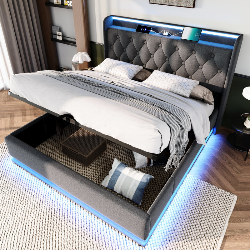Grand lit en lin gris avec DEL à 360 °, rangement hydraulique, fonction de taille de douille de type C, type C, matelas