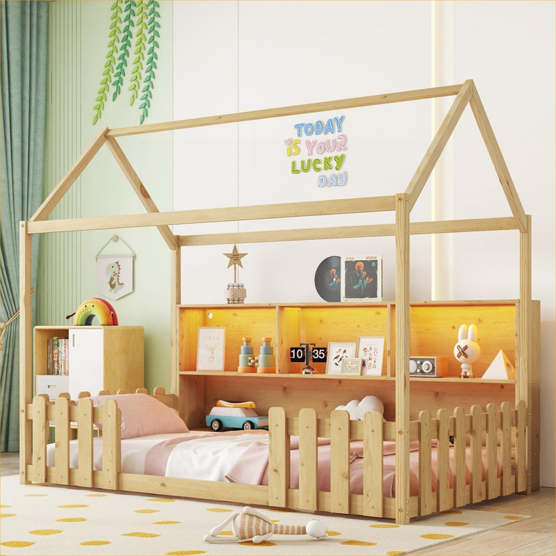 Structure de lit simple pour enfant avec bibliothèque et rangement