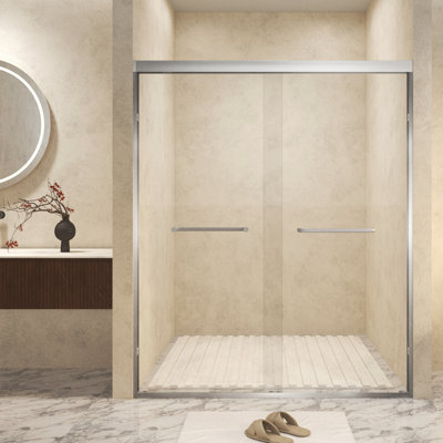 56-60 " x 72" Tempered Glass , Aluminum Frame Double Sliding Shower Door, "1/4 (6 mm), Stainless Steel handle,Brushed Nickel