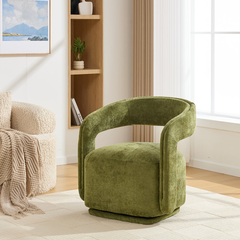 Upholstered Swivel Accent Chair With Chenille Fabric, Comfy Barrel Leisure Armchair With Open Curved Backrest, Reading Chair With 22-Inch Seat Depth And Width