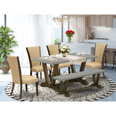 6 Piece dining table set - 4 Brown Linen Fabric Mid Century Chair with Nailheads and Cement Modern Dining Table - 1 Dining Bench - Distressed Jacobean Finish