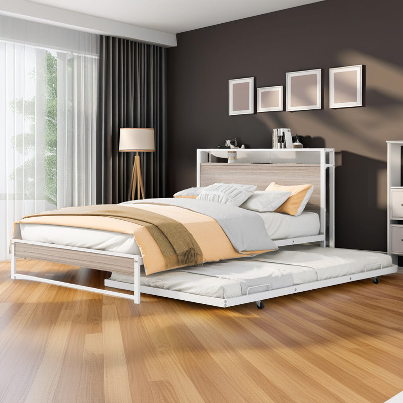 Base de lit moderne en métal avec lit gigogne USB, Beige