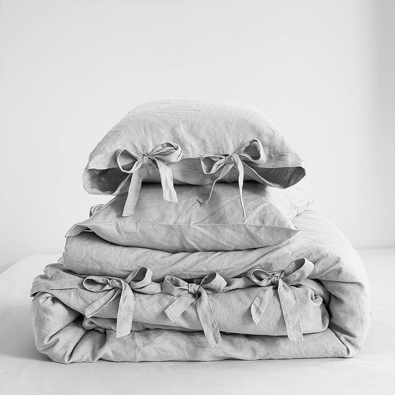 100% Linen Duvet Cover Set, 3 Pieces Belgian Flax Breathable Bedding,  (1 Comforter Cover+2 Pillowshams) With Tie Closure Style