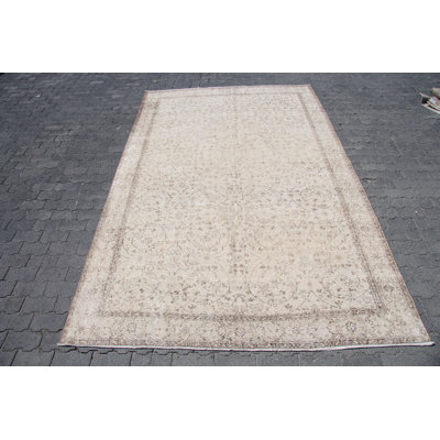 Large Antique Beige Wool Turkish Rug with Handmade Floral Design for Home Decor