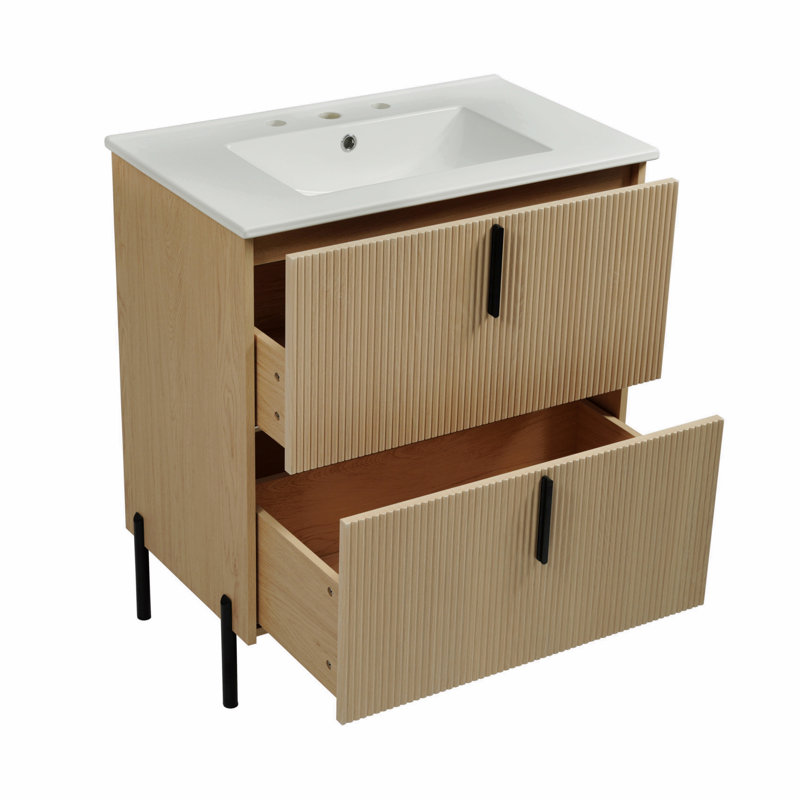 Meuble-lavabo de 30 po avec lavabo en céramique et tiroirs pleine extension, glissières de tiroir à fermeture en douceur, conception cannelée
