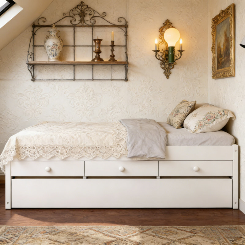 Lit plateforme simple avec lit gigogne et 2 tiroirs, Lit simple, Blanc