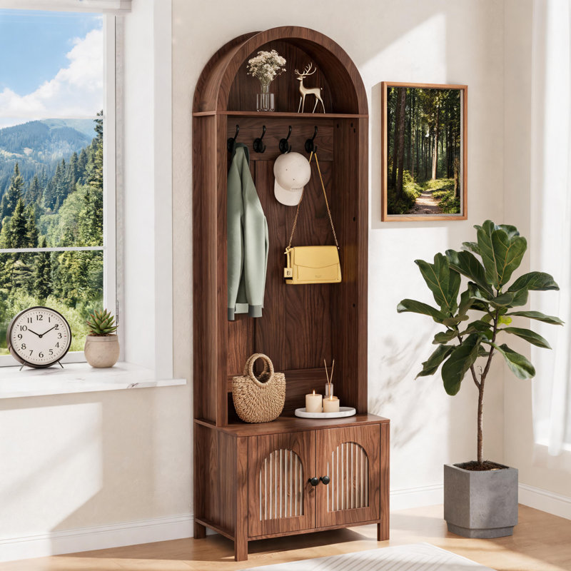 70.8-Inch Walnut-Colored Farmhouse-Style Arched Coat Rack With Hooks, Cabinet Door Stool, Multi-Functional Storage For Entryway And Hallway.