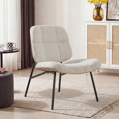Mid-Century Modern Accent Chair, Upholstered Linen Fabric Lounge Chair with Black Metal Legs
