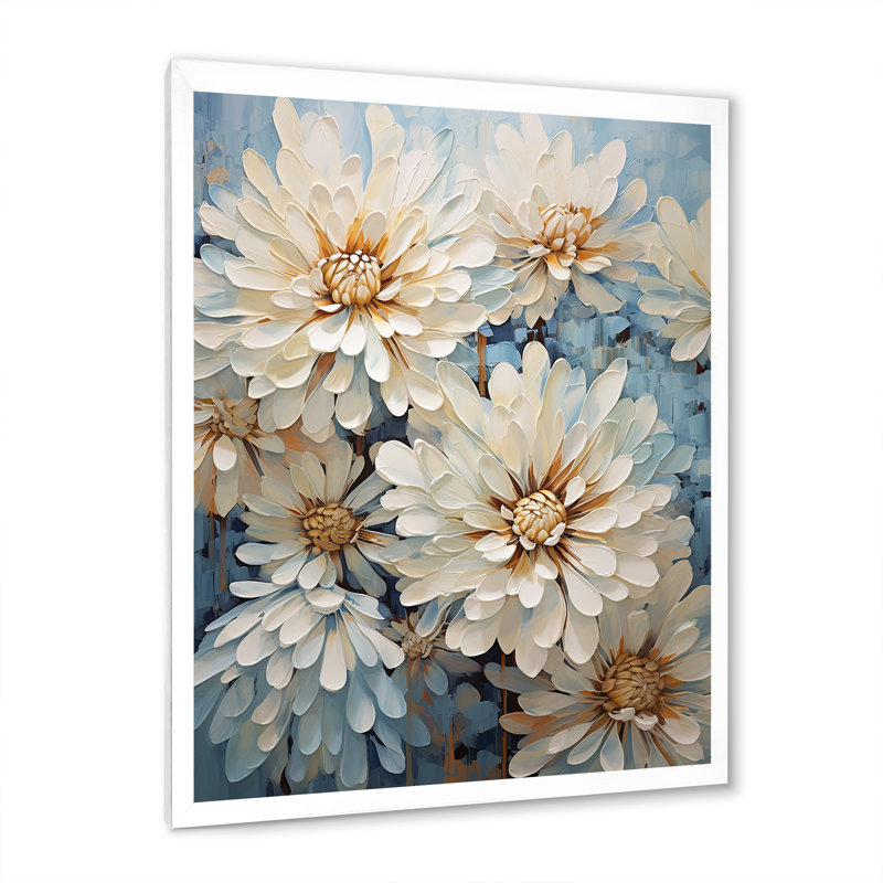 «Chrysanthemums White Blue Mosaic Garden V», reproduction sur toile, Cadre simple blanc, H 20 po x l 12 po x P 1 po