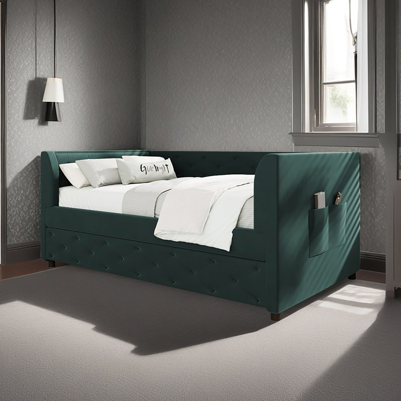 Lit de jour rembourré en velours capitonné avec couchette, Vert