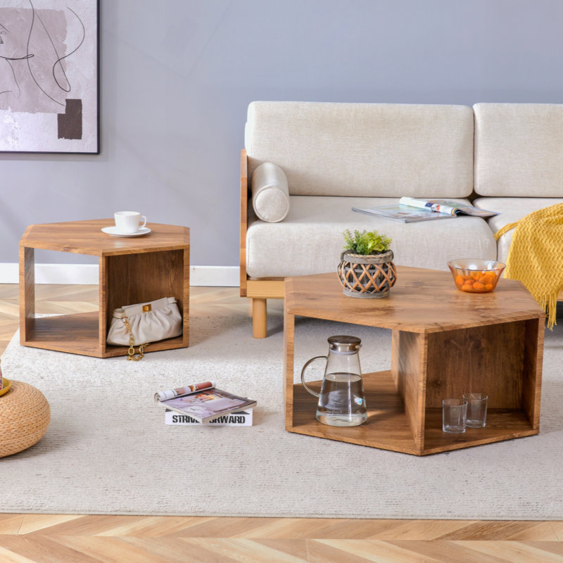 Minimalist patterns hexagonal Coffee Table Set.Hexagonal MDF coffee table, characteristic pattern stickers, multi-hole design to give more storage space.Two coffee tables of different sizes.