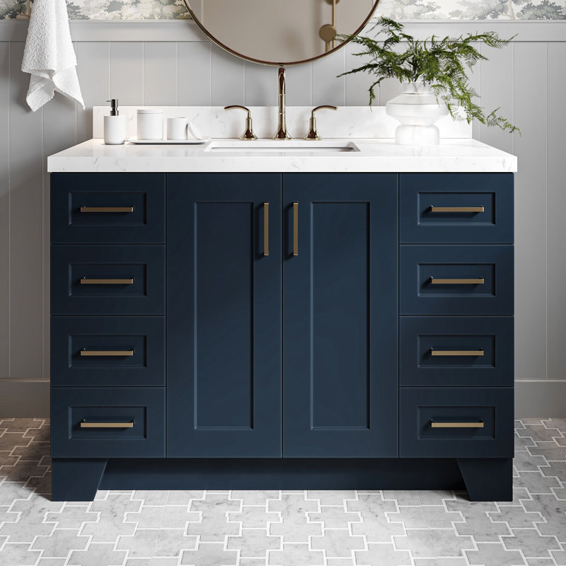 Freitas 48'' Solid Wood Single Bathroom Vanity, Rectangle, Midnight Blue, Carrara Quartz