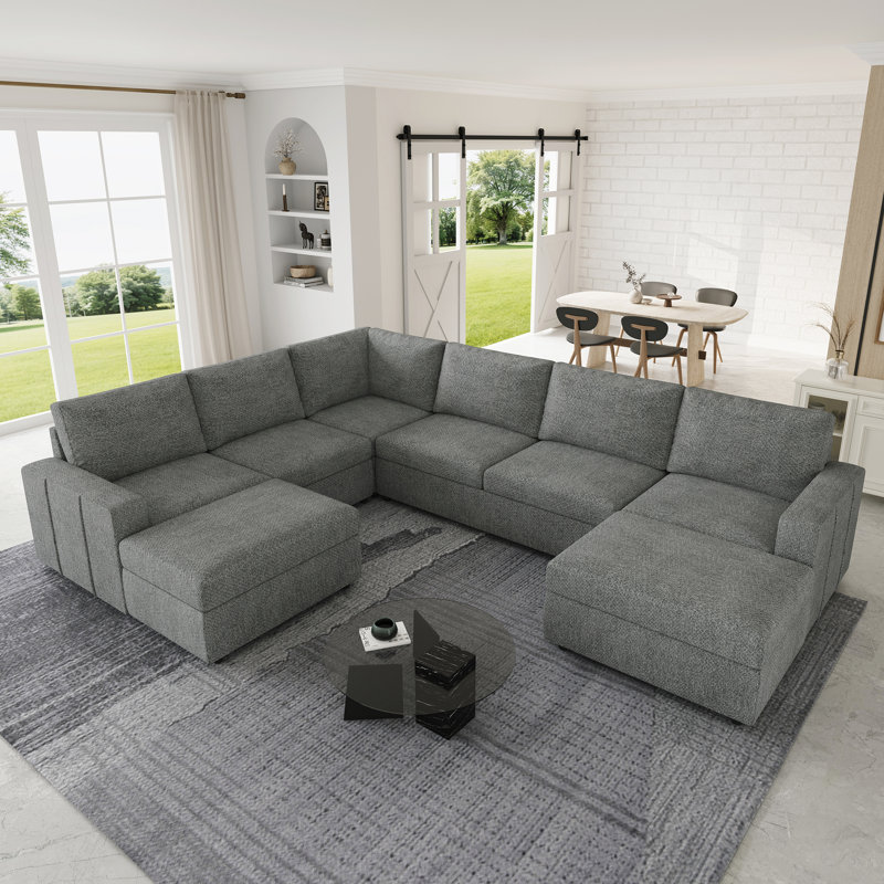 Canapé modulaire de rangement en U avec deux repose-pieds, Chenille gris pâle