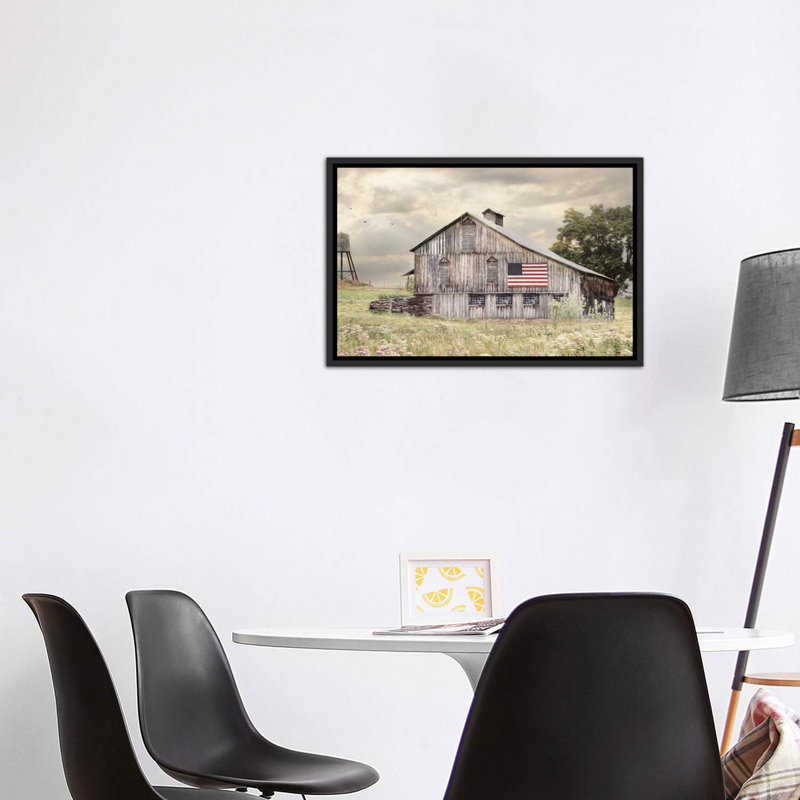 «Wild Virginia Barn» par Linda Rauch - impression d'art graphique, H 26 po x l 40 po x 1,5 po, Toile avec cadre noir patiné