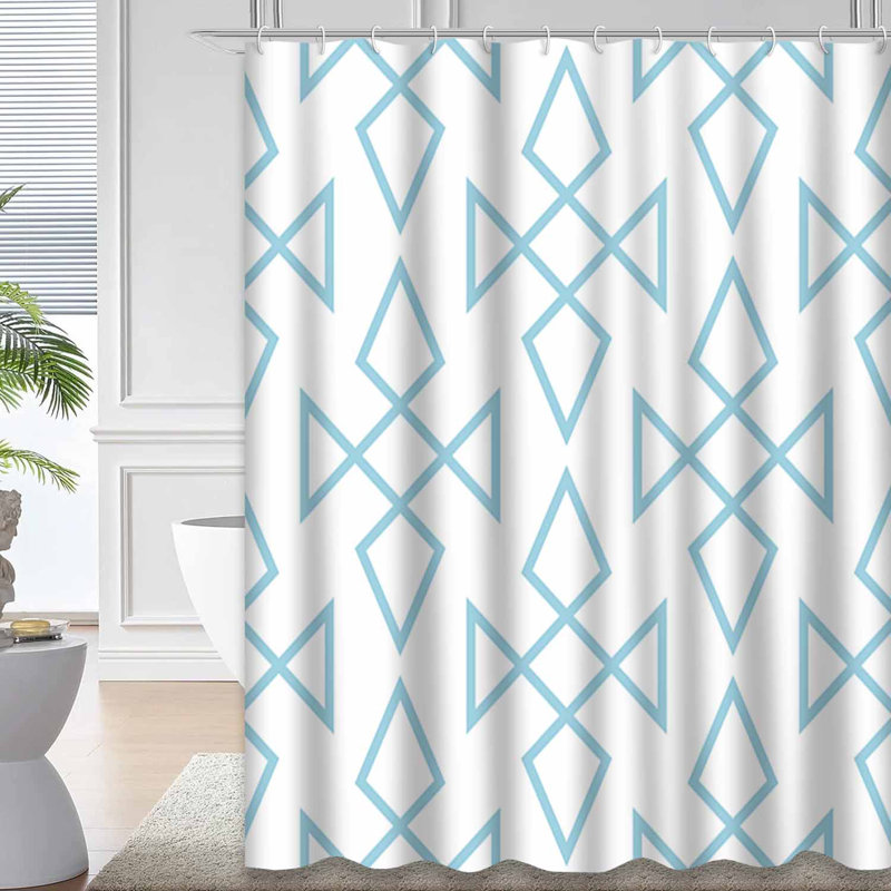Rideau de douche blanc à motif géométrique bleu marine avec 12 crochets, L 72 po x l 84 po