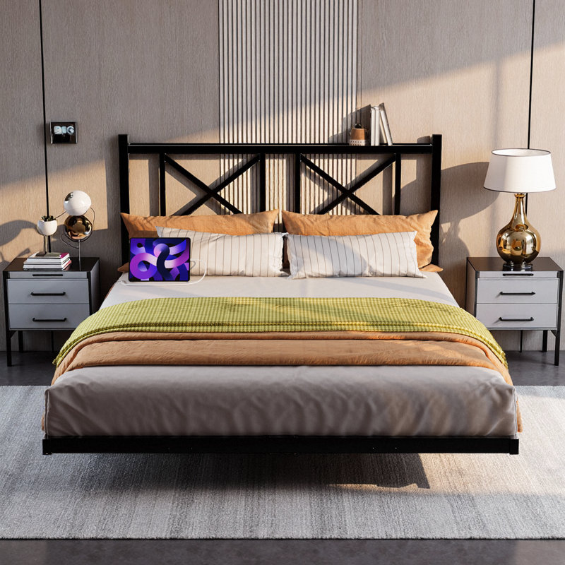 Queen Size Floating Platform Bed Frame with Storage Headboard, USB Charging, RGB LED Lights & Heavy-Duty Steel Slats - Easy Assembly, Modern Black