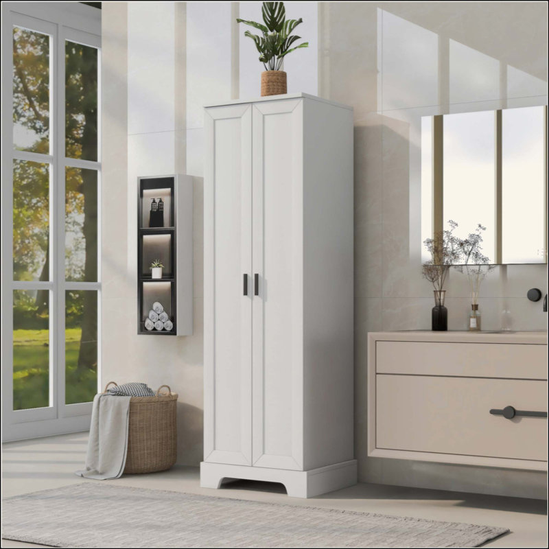 Storage Cabinet With Two Doors For Bathroom, Office, Adjustable Shelf, MDF Board, White, 70" H x 22.1" W x 16.9" D
