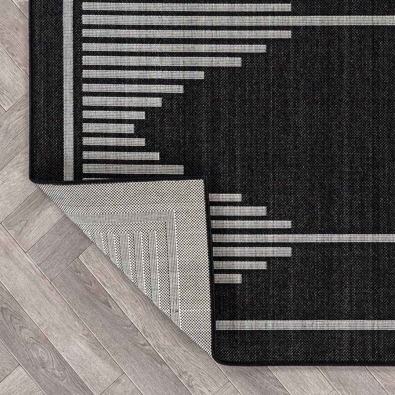 Tapis intérieur / extérieur noir / ivoire à motif géométrique facile à entretenir et tissé à plat, Rectangle 6 pi 7 po x 9 pi