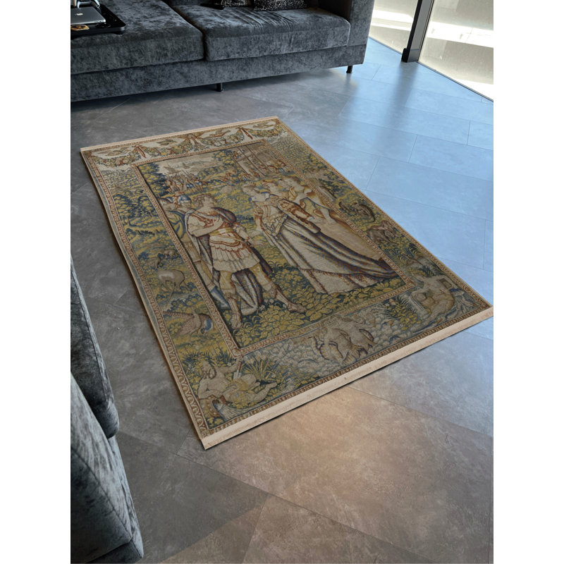 Multicoloured Tapestry Design Knight and Princess Patterned Fringed Vintage Decorative Rug, Runner 2'8" x 6'7"