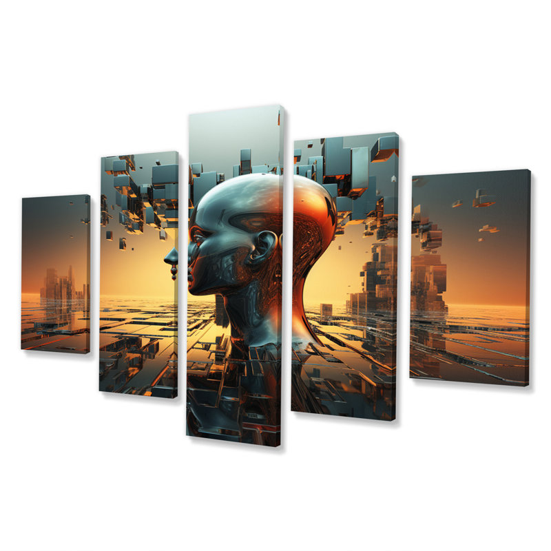 AI Robot Dreams Of Singularity II - Robot Canvas Wall Art - 5 Panels