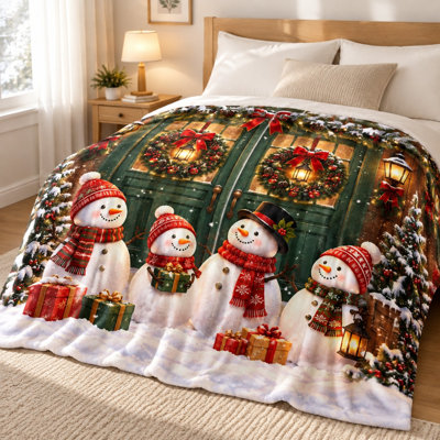 Christmas Snowman Fleece Throw Blanket, Cozy Festive Plush Bed Blanket for Sofa, Couch, Bedroom, Living Room Holiday Home Decoration