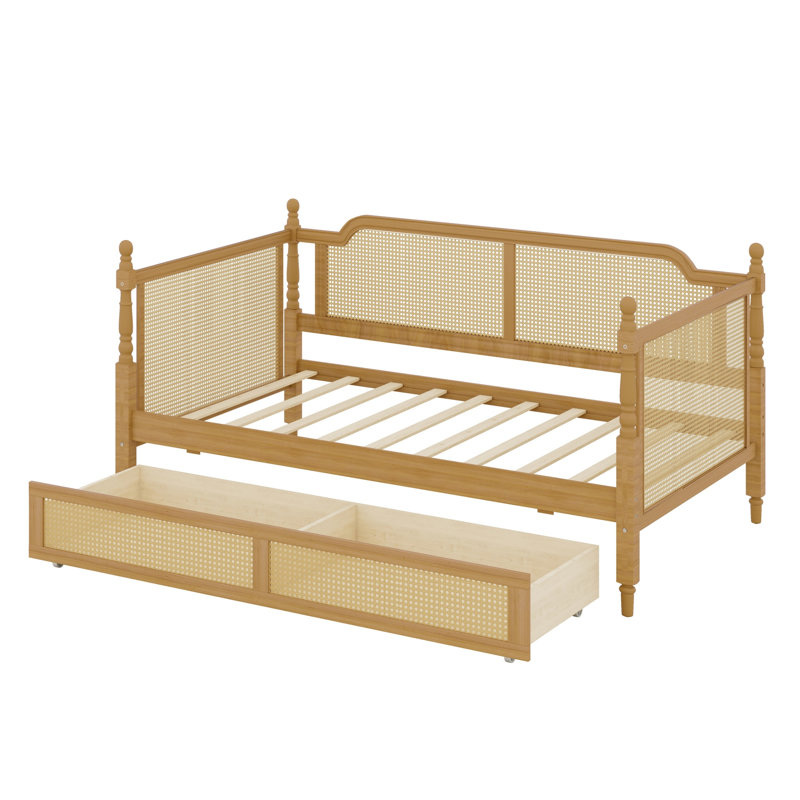 Lit de jour en rotin de style traditionnel avec 2 tiroirs, idéal pour les petites chambres, Noyer antique
