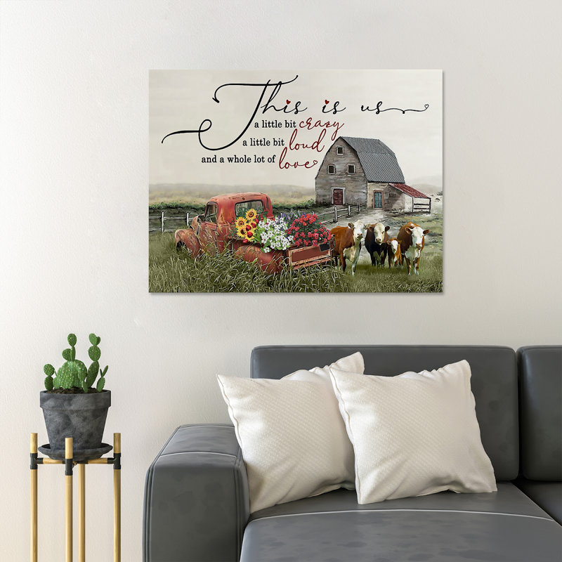 «Cow with Flowers Van By Farm - This Is Us», reproduction d'art graphique sur toile tendue, H 11 po x l 14 po x P 2 po