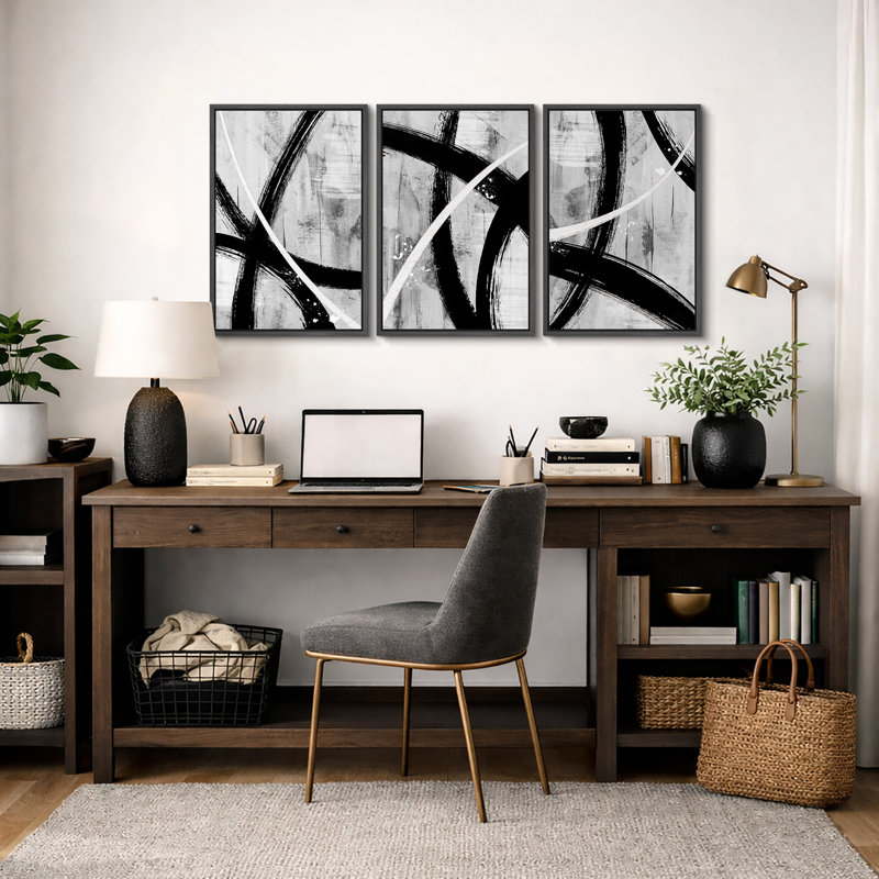 BAW "Black Grey White Geometric Paint Stroke, Noir, H 36 po x l 72 po x P 1,5 po