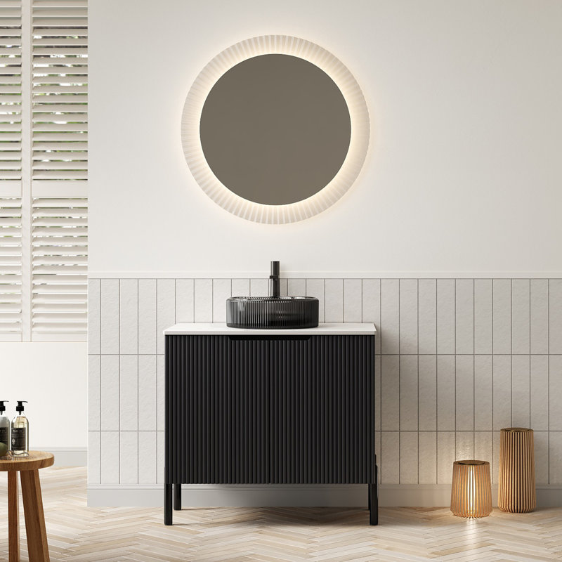 Meuble-lavabo sur pied 30 po avec lavabo, meuble de rangement autoportant avec 2 portes, lavabo rond en verre noir transparent et comptoir en pierre frittée blanc de Carrare