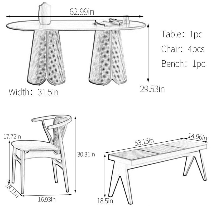 Ash rattan oval dining table set