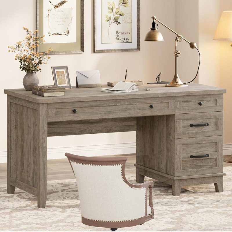 53.5" Farmhouse Wood Desk with Drawers & Power Outlets, Executive Home Office Desk with Adjustable File Cabinet, Distressed Writing Desk for Study