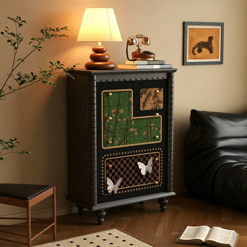 Armoire de rangement en bois massif 5 tiroirs Vintage, Noir