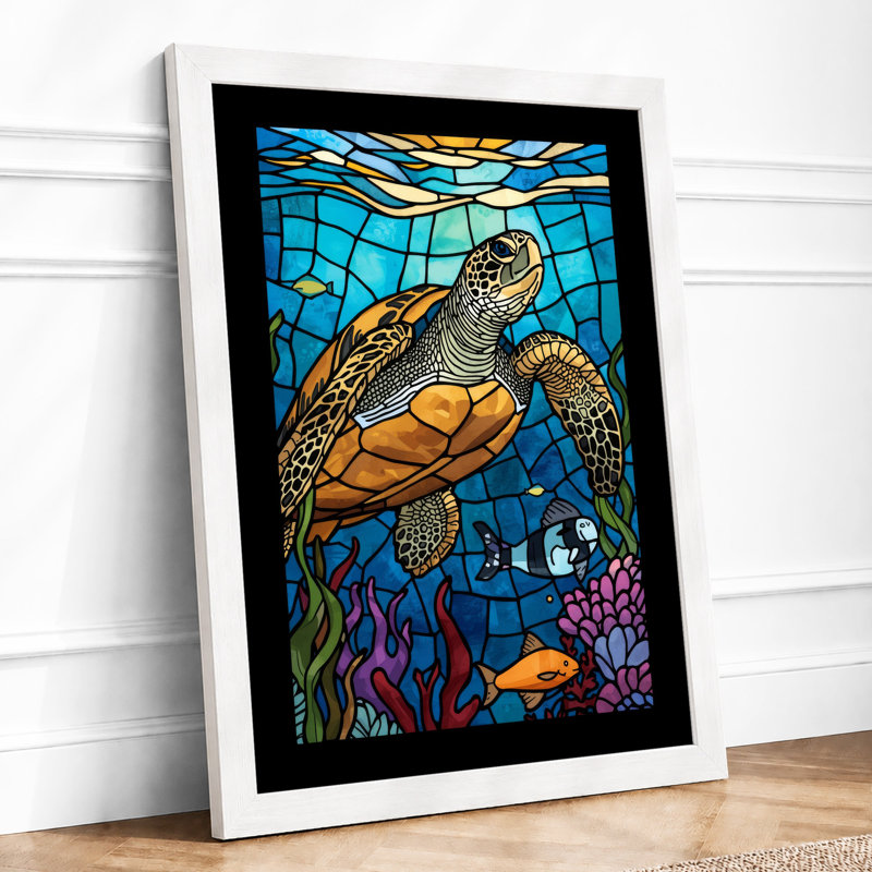 Turtle in Stained Glass Coastal - Framed Print, A2 - 59.4 x 42.0 cm, White