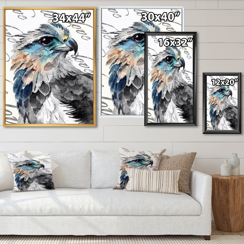 Tête d'aigle avec œil brillant - peinture sur toile, H 40 po x l 30 po, Cadre photo noir