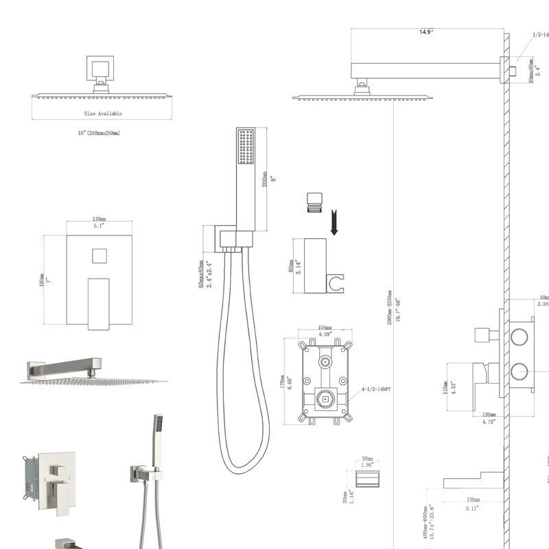 Shower System With Waterfall Tub Spout In Brushed Nickel - 10 Inch Wall Mounted, Square, 3 Function, Rain Shower, Handheld, Feature Kit Mounted Square Nickel, Overhead Tool