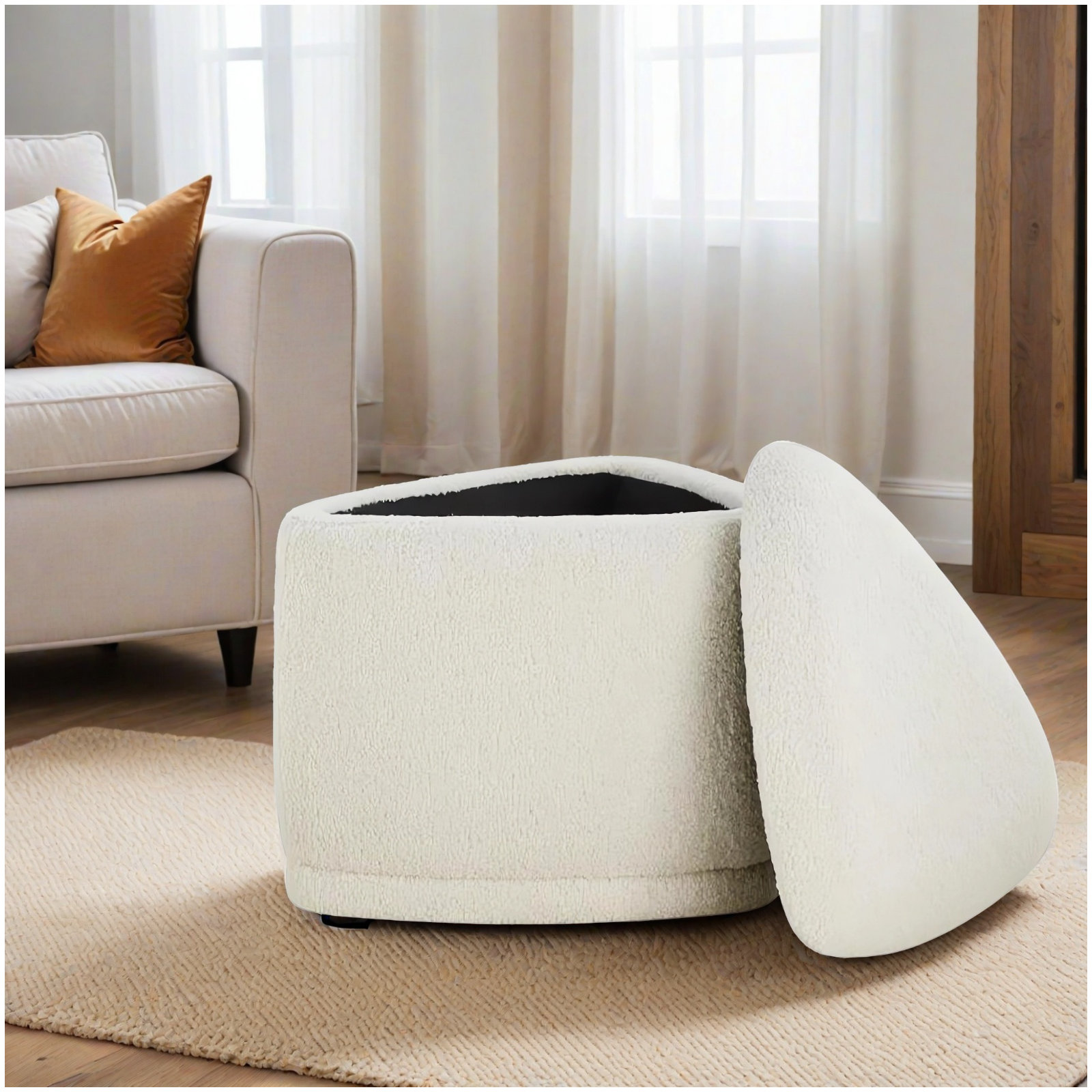 Adna 26.5'' Triangular Upholstered Storage Ottoman, Aries Cream Sherpa