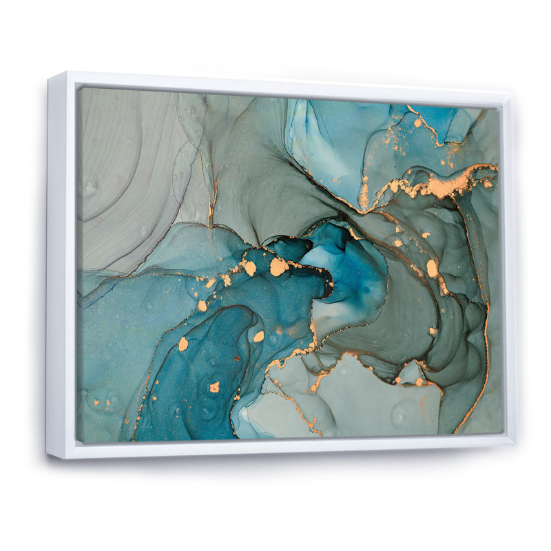 Turquoise doré infusé de marbre - reproduction sur toile, H 34 po x l 44 po, Cadre flottant, Blanc