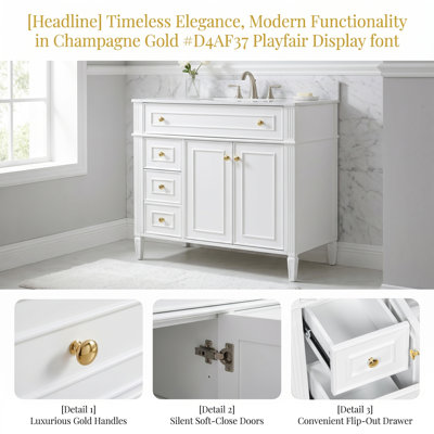 Meuble-lavabo de 36 po avec lavabo, armoire en bois massif avec tiroir rabattable, 3 tiroirs et 2 portes à fermeture en douceur, poignées dorées, finition peinte en vert, meuble-lavabo de rangement autoportant moderne