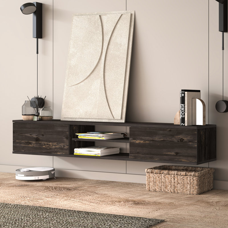 Bella Floating TV Stand Up to 80" TV's Modern Media, Rustic Black
