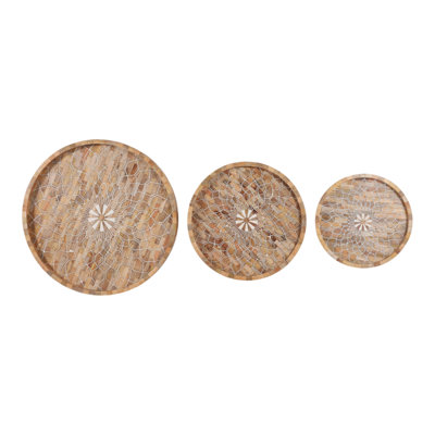 Plateaux décoratifs en bois pour la décoration intérieure : ensemble de 3 plateaux de 61 cm, 46 cm et 36 cm, brun et beige.