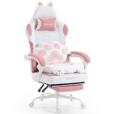 Cute Cat Ear Gaming Chair with Paw Print Lumbar Support and Cushion, Ergonomic Computer Desk Chair with Footrest, Reclining PC Game Chair, 300lbs